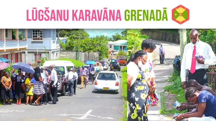 Adventisti Grenādā uzrunā vietējos pilsētas iedzīvotājus lūgšanu karavānas laikā